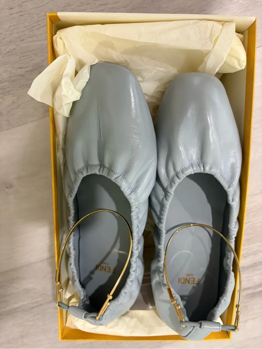 Fendi Pale Blue Leather Ballerina Flat with Gold Hoop